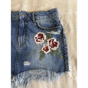 FREE PEOPLE Stunner Embroidered Rose Denim Mini Skirt 27 Studded Grunge Boho